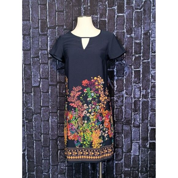 Merona Dresses & Skirts - Merona Navy Blue Floral Border Shift Dress Size XS Short Sleeve Keyhole Cut Out